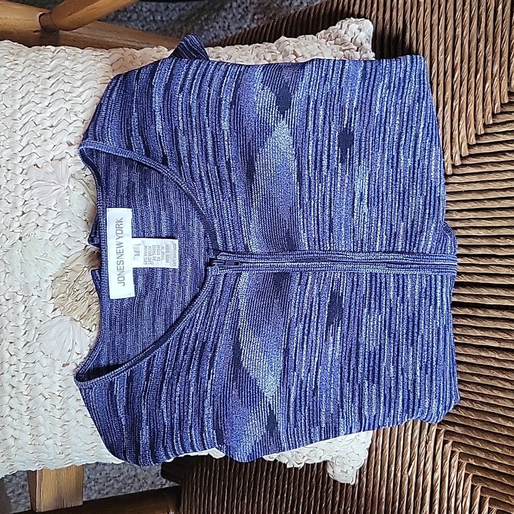 Jones New York zippered blue multi colored cardigan, size M